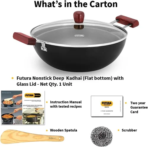 Miniatura 8 de Hawkins Futura Kadhai de 5 litros de profundidad, Kadai antiadherente con tapa de cristal, fondo plano de inducción, Kadhai, color negro (INK50G)