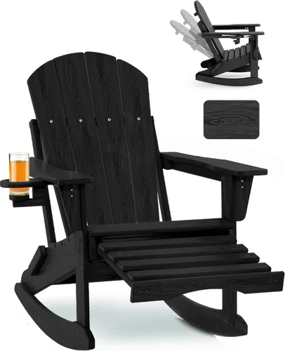 Miniatura 13 de Mecedora plegable Adirondack, silla de patio multifuncional 4 en 1 con otomana retráctil, silla de exterior con textura de madera, silla de césped
