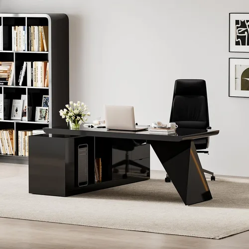 homary Juego de escritorio ejecutivo moderno en forma de L de 70.9 pulgadas, escritorio de oficina en casa con silla ejecutiva de oficina en casa,