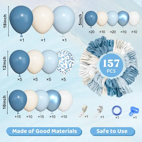 Miniatura 2 de Ouddy Life Kit de arco de guirnalda de globos de color azul polvoriento, 157 unidades, globos de confeti de color azul metálico y blanco
