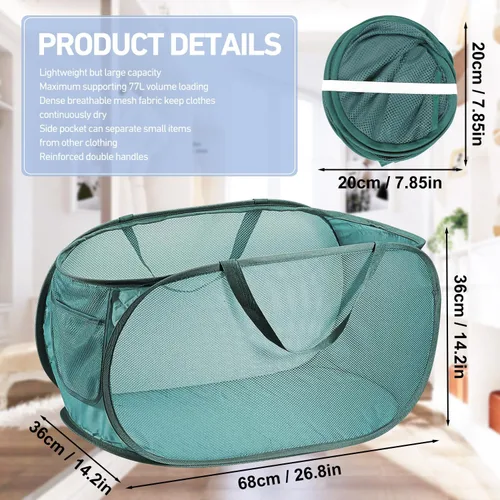 Miniatura 8 de 2 cestas de malla para la ropa sucia, canastas plegables para la ropa sucia, 75 litros, cesta de almacenamiento horizontal con bolsillo lateral y 1