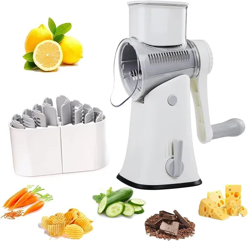 Miniatura 7 de Rallador De Queso Giratorio Manual, Cortador De Verduras Giratorio Con 5 Cuchillas, Base Antideslizante Con Ventosa Y Estructura Desmontable Para Un