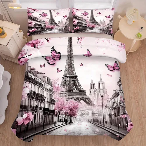 Miniatura 16 de kxry Juego de edredón de París, tamaño Queen, color rosa, Torre Eiffel Sena, ropa de cama estilo francés, edredón de paisaje urbano de París
