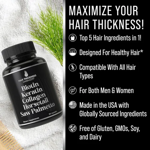 Miniatura 2 de Biotina (5000mcg), queratina, colágeno, cola de caballo, palma enana americana – Suplemento 5 en 1 para el crecimiento del cabello y vitaminas