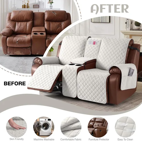 Miniatura 5 de KinCam Funda 100% Impermeable para Loveseat Reclinable con Consola, Fundas Antideslizantes para Sofá Reclinable de 2 Asientos, Funda para Sofá