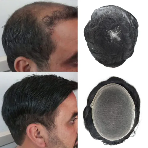 Miniatura 49 de Tupé de encaje suizo para hombres, piezas de cabello humano real, encaje frontal, sistema de reemplazo de cabello tipo tupé, nudo blanqueado, línea