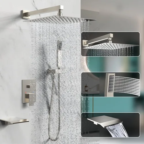 Miniatura 2 de Sistema de ducha de lluvia, juego de grifo de ducha de 12 pulgadas con boquilla de bañera, juego de grifos de ducha de cascada montado en la pared