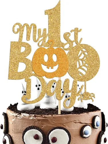Decoración para tartas My 1st Boo Day - Decoración de fiesta de Halloween/baby shower - Suministros de feliz primer cumpleaños, purpurina dorada