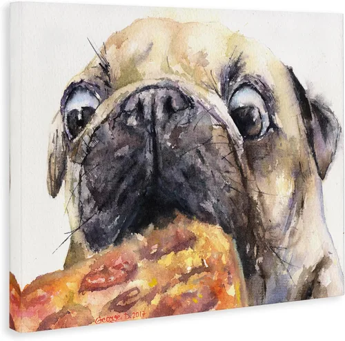 Miniatura 2 de Stupell Industries George Dyachenko - Pintura de acuarela de animales de mascota divertida de Pug and Pizza, arte en lienzo, 20 x 16 pulgadas, fácil