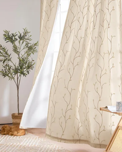 Miniatura 12 de jinchan Cortinas traslúcidas para sala de estar, dormitorio, cortinas azules bohemias bordadas, cortinas de gasa bohemias de 63 pulgadas de largo