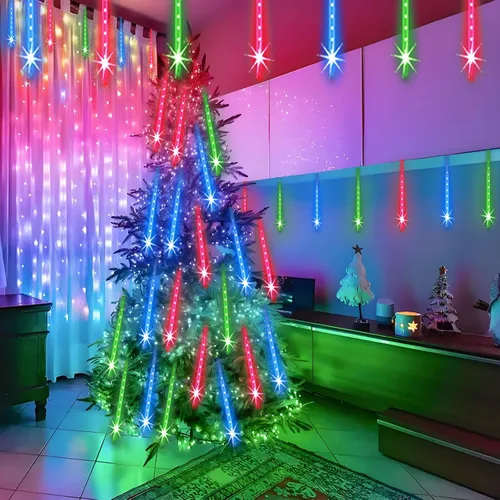 Miniatura 7 de Luces de lluvia de meteoros al aire libre, luces navideñas, 24 tubos, 576 LED, efecto de caída de nieve, lluvia en cascada, carámbanos, luz