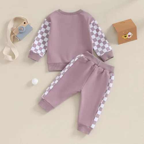 Miniatura 3 de Conjunto de 2 piezas para bebé niño y niña, sudadera de manga larga con bordado de letras, pantalones elásticos, conjunto de otoño