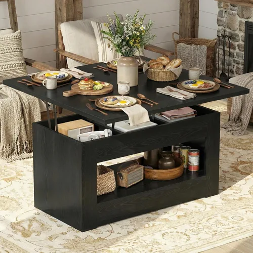 Miniatura 7 de UNIQUITE Mesa de centro elevable de 40 pulgadas, mesas auxiliares de elevación multifunción 4 en 1 con almacenamiento y compartimento oculto, mesas