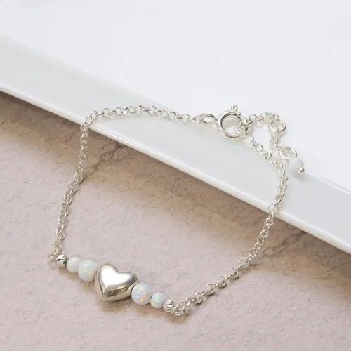 Miniatura 16 de 925 Sterling Silver Gemstone Bracelet - 3mm Gemstone Round Beads with Heart Silver Charm - 16-18cm Length - Gemstone Jewelry for Women - Perfect for
