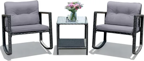 Tangkula Juego de 3 piezas de muebles mecedoras de mimbre para patio, juego de muebles de mecedora para exteriores con asiento acolchado, juego de