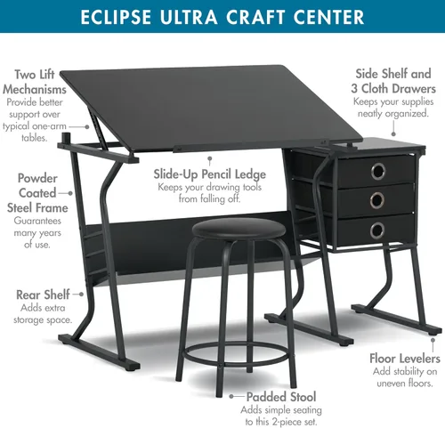 Miniatura 8 de Eclipse Ultra - Mesa de dibujo con taburete, parte superior ajustable en ángulo, estantes de almacenamiento y cajones de 2 piezas