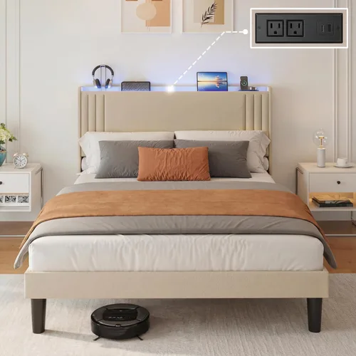 Miniatura 15 de Gizoon Base de cama matrimonial con cabecera de ala, plataforma tapizada con cabecera geométrica moderna, listones de madera, sin ruido, no necesita