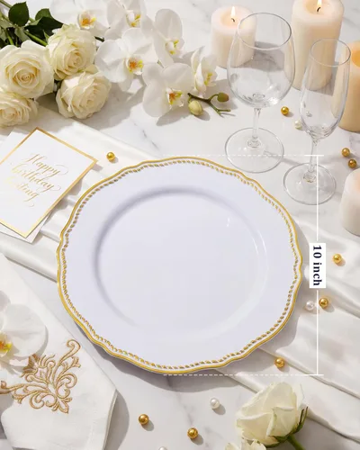 Miniatura 2 de Hioasis 60 piezas de platos de plástico dorados - Vajilla desechable blanca y dorada con borde dorado, resistente, 26 cm, platos para fiesta y boda