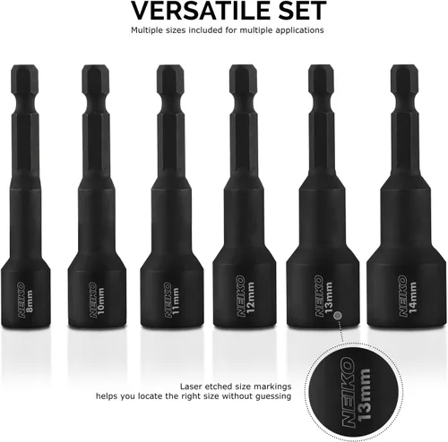 Miniatura 5 de Neiko 10191A Juego de llaves para tuercas magnéticas preparadas para impacto 6 piezas MM 8 a 14 mm Longitud de 2-9/16” Cr-V, métrico, Kit