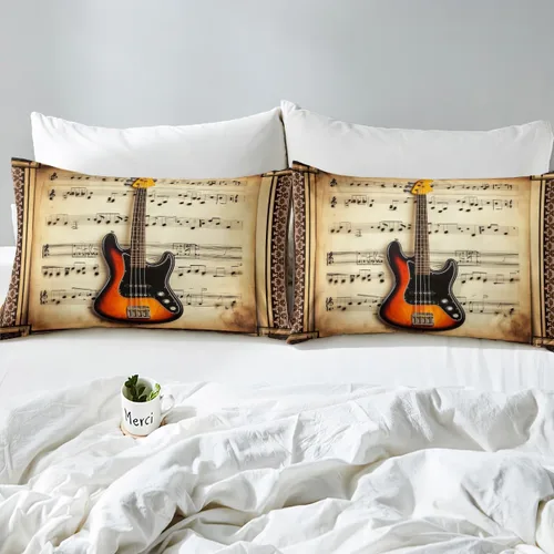 Miniatura 5 de Castle Fairy Juego de sábanas con estampado musical rústico, tamaño individual, juego de sábanas con estampado de instrumentos de guitarra y bajo