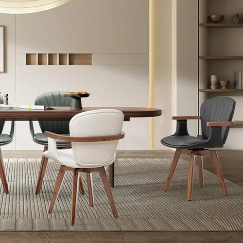 Miniatura 8 de LUNLING Sillas de comedor giratorias, sillas de cocina modernas de cuero sintético negro de mediados de siglo con brazos, patas de bambú, sillas