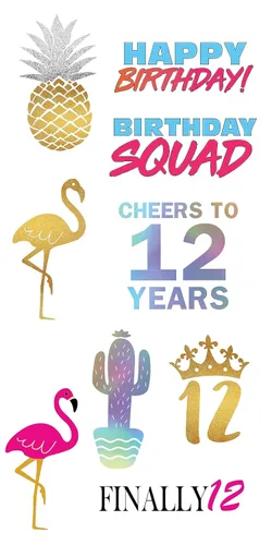 Miniatura 8 de Tatuajes temporales de cumpleaños número 12, 4 hojas, divertidos recuerdos de fiesta de cumpleaños para él o ella, suministros para fiestas
