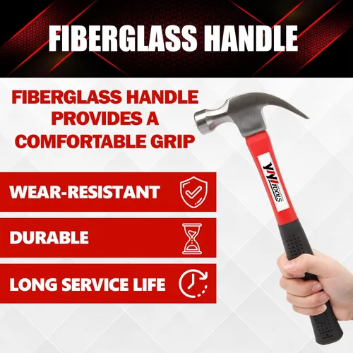 Miniatura 3 de YIYITOOLS Martillo de garra con mango de fibra de vidrio – 16-oz, rojo y negro (YY-1-003)