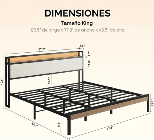 Miniatura 2 de LIKIMIO Base de cama tamaño King, cabecera de almacenamiento con luces LED y estación de carga, plataforma de metal, no necesita somier, sin ruido