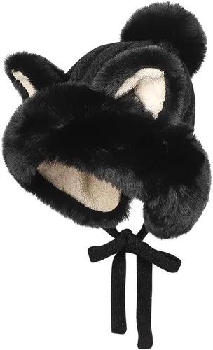 Miniatura 3 de Gorro de invierno de piel sintética para mujer, con orejas de gato de zorro, con orejera, pompón, sombrero de trampero de felpa cálida rusa