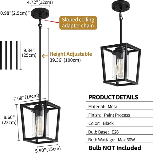 Miniatura 6 de Paquete de 2 luces colgantes negras para isla de cocina, lámparas colgantes de granja con pantalla de vidrio, iluminación moderna para isla
