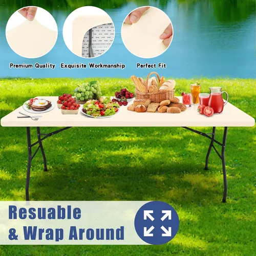 Miniatura 5 de Moosfor Paquete de 4 manteles rectangulares de elastano de 4 pies, elásticos y ajustables para pícnic, elásticos y lavables, para exteriores, Beige