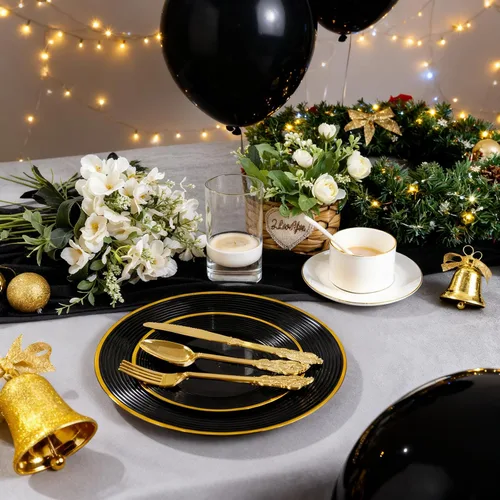 Miniatura 6 de Liacere 100 platos de plástico negro, platos desechables resistentes, platos negros y dorados, incluye platos para cena/postre para bodas, fiestas