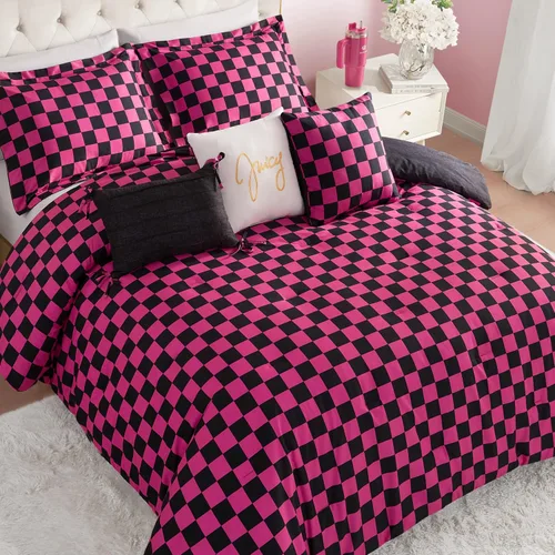 Miniatura 6 de Juego de edredón reversible de cuadros de Juicy Couture, juego de 5 piezas tamaño individual/individual XL, negro/rosa intenso