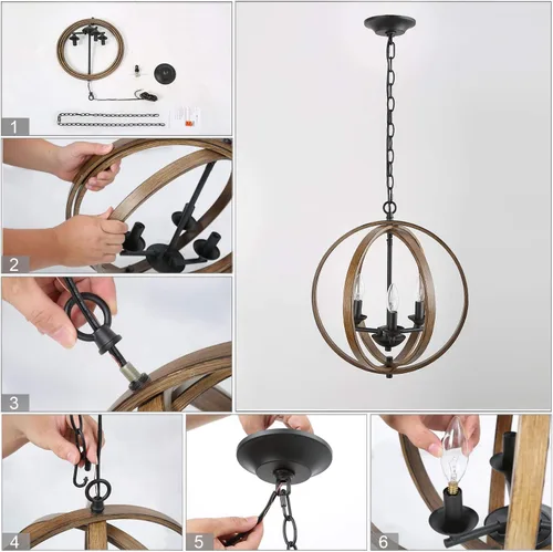 Miniatura 9 de LOG BARN Candelabros de granja, globo de madera sintética para colgar 3 lámparas para comedor y sala de estar, dormitorio, vestíbulo y entrada