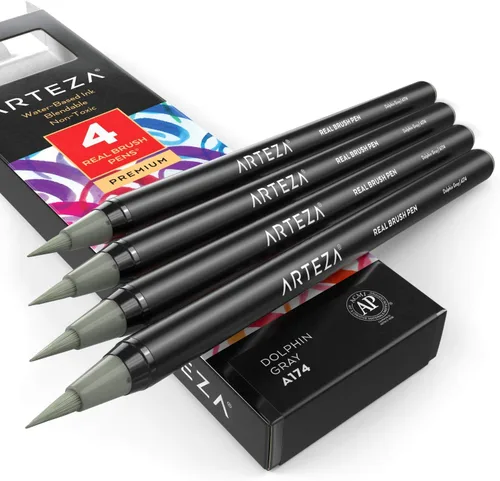 Arteza Bolígrafos de pincel real, A174 gris delfín, paquete de 4, bolígrafos de acuarela con puntas de pincel de nailon, suministros de arte para