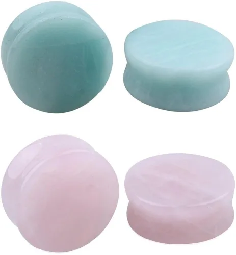 NewZenro 2Pairs Rose Quartz Aventurine Natural Organic Stone Ear Plugs Gauges Tunnel Expanders Stretcher Double Flared Tiendaite Flesh Piercings