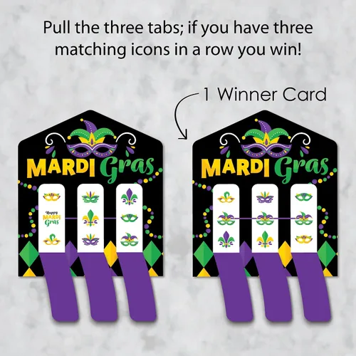 Miniatura 3 de Big Dot of Happiness Máscara colorida de Mardi Gras – Juego de tarjetas de pepinillo para fiesta de máscaras, pestañas de tracción 3 en una fila