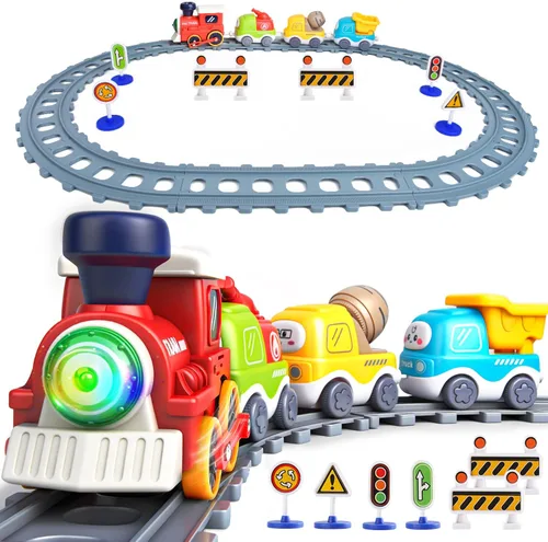 Miniatura 2 de Juego de tren eléctrico para niños pequeños, juguetes de tren con luces, sonido musical realista, espray de vapor, señal de tráfico, conexión
