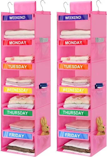 Paquete de 2 organizadores semanales de ropa de 6 estantes para niños, organización diaria colgante de armario con 6 bolsillos laterales, divisor de