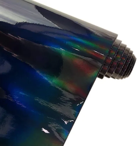 Miniatura 2 de 11.8"x53" Tela de cuero sintético holográfica, vinilo reflectante de espejo para lazos para el cabello, bolsas, manualidades de costura (Negro)