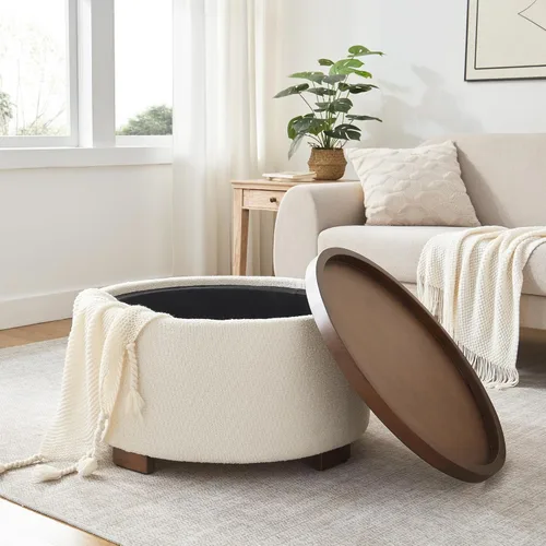 Miniatura 3 de Zihanhome Mesa de Centro Otomana de Almacenamiento Redonda de 30 Pulgadas, Otomana Boucle Moderna con Tapa Desmontable y Patas de Madera Maciza