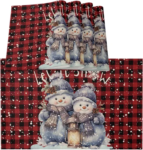 Miniatura 13 de Juego de 6 manteles individuales de bolas de Navidad para mesa de comedor, paño de lino de algodón para mesa cuadrada/rectangular/redonda