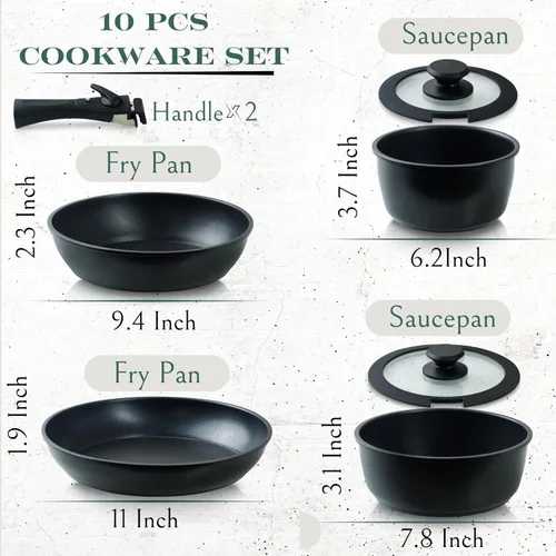 Miniatura 2 de Moss & Stone juego de 10 piezas de ollas y sartenes negras antiadherentes, juego de utensilios de cocina con mango desmontable, juego de cocina