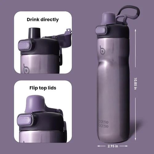 Miniatura 3 de BOTTLE BOTTLE Botella de agua aislada de 24 onzas con asa y tapas abatibles de acero inoxidable Botella de agua con botón de presión, portátil, a