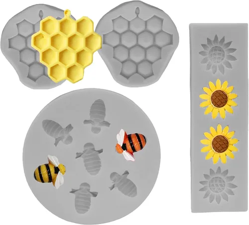 Molde de silicona con temática de abeja, diseño de panal, girasol y abeja, kit de moldes para cupcakes, colmena, chocolate, fondant, dulces, Gris