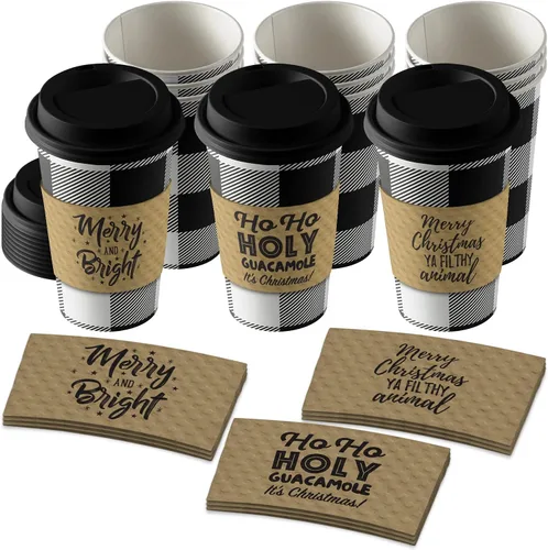 Live It Up! Party Supplies Tazas desechables de café o chocolate caliente – Buffalo Plaid (cuadros negros y blancos con tapas y fundas de taza de
