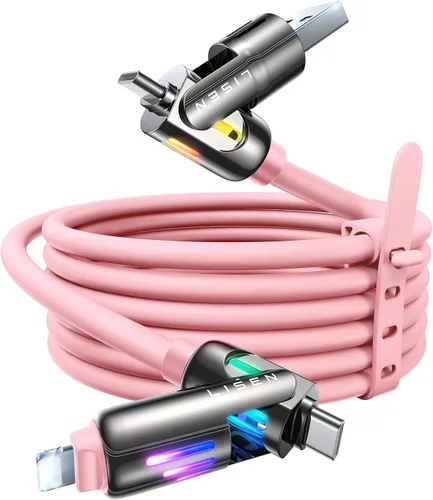 Miniatura 8 de Cable USB C de LISEN de 3 pies para cargador Samsung tipo C, cable de carga 4 en 1 con luz, cable de carga múltiple para iPhone 16 15 14 Pro Rosa