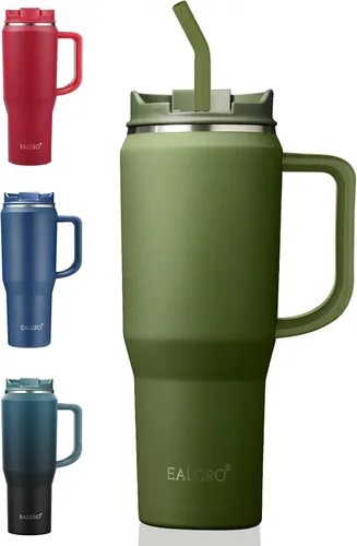 Miniatura 21 de EALGRO Botella de agua aislada de 40 onzas con popote y asa, frasco de agua deportivo de metal grande, taza de café de viaje de acero inoxidable