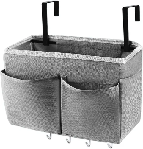 Organizador de almacenamiento de mesita de noche, 5 bolsillos con 4 ganchos, bolsa de almacenamiento colgante para cabeceros/literas (gris)