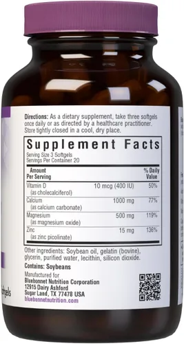 Miniatura 2 de Bluebonnet Nutrición Calcio Magnesio Zinc Plus Vitamina D3, 1000 mg de Calcio, 500 mg de Magnesio y 15 mg de Zinc, 400 UI de Vitamina D3, Para
